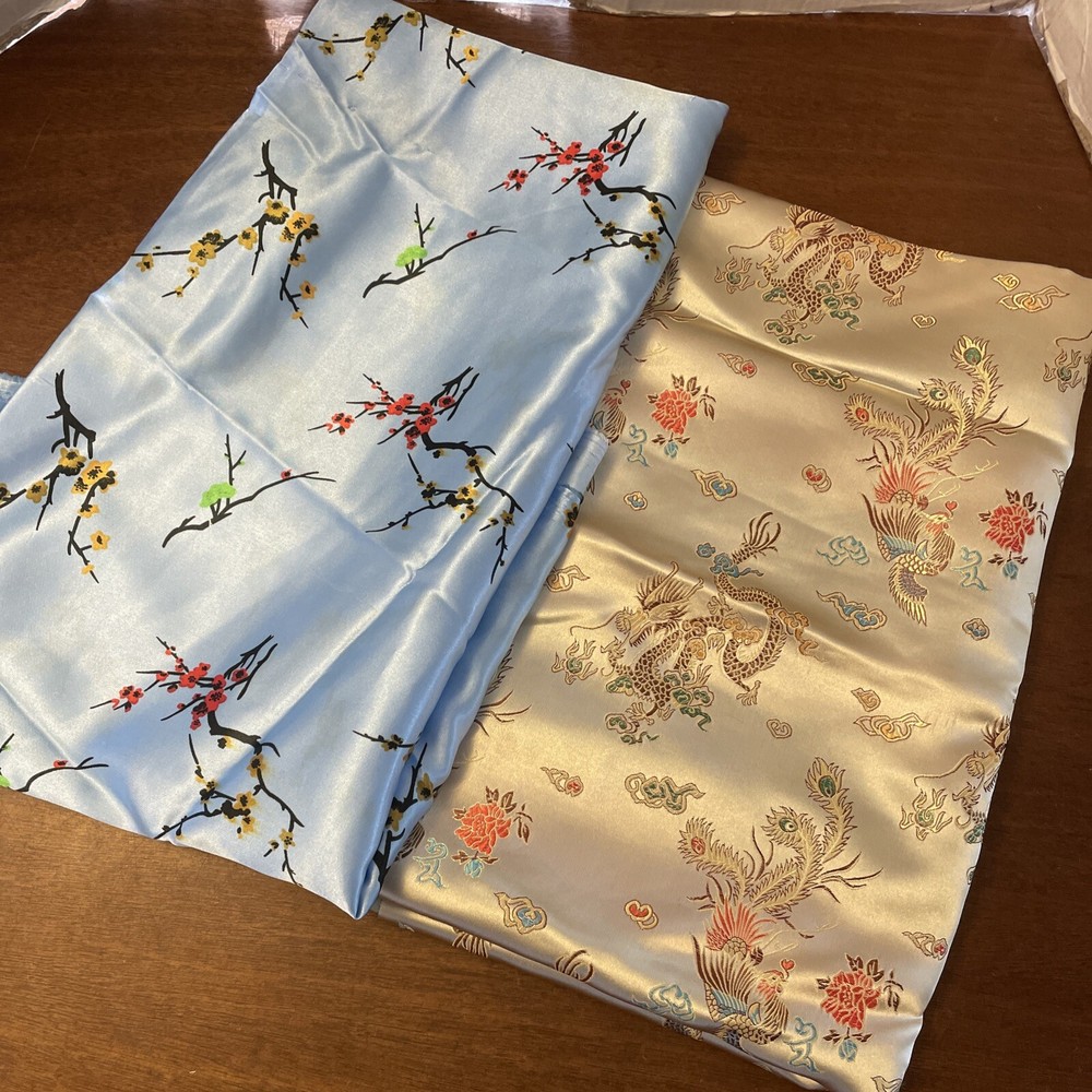Asian Oriental Style Silk/ Faux Silk Fabric Blue W/ Flowers, Gold W/ Dragons Etc