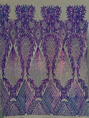 Francesca IRIDESCENT PURPLE Vines and Diamonds Pattern Sequins on NUDE Mesh Lac