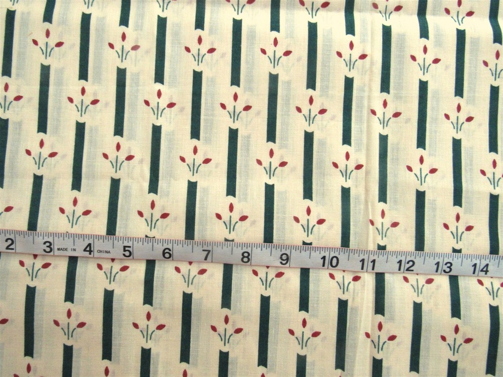 1 yd Cotton Fabric Yellow with Green Stripes & Red Flowers, Low Thread Count