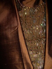 2yds COGNAC THAI SILK HAND GOLD BEADED NECK BIB RHINESTONES FABRIC IRIDESCENT