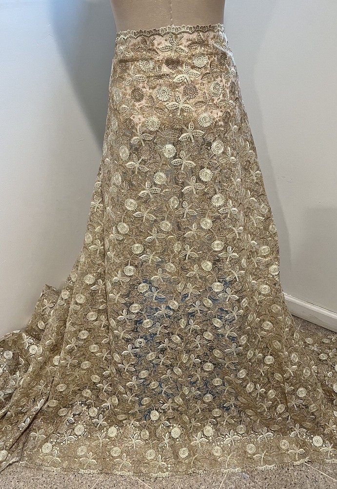 GOLD IVORY Sequins Rhinestones Embroidery Bridal Lace Fabric 50” Width 1 Yard