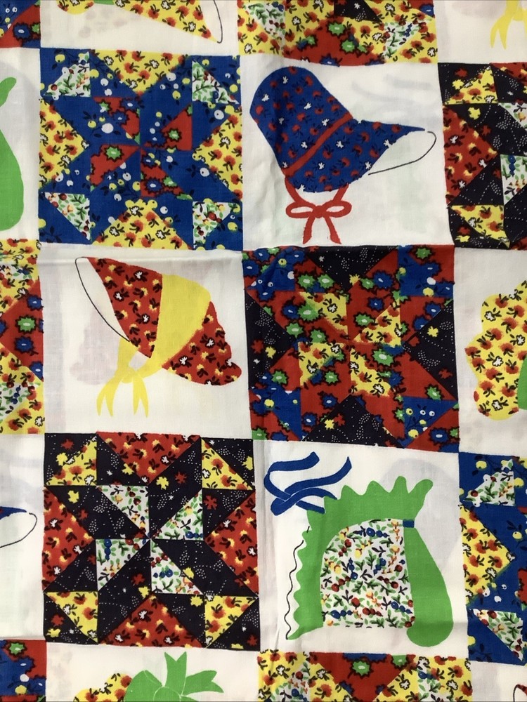 Retro Fabric Colorful Patchwork Cheater Quilt Piece 26” X 44”Bonnets Birds Red