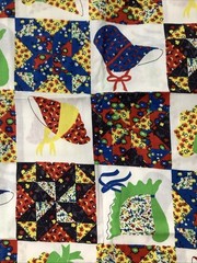 Retro Fabric Colorful Patchwork Cheater Quilt Piece 26” X 44”Bonnets Birds Red