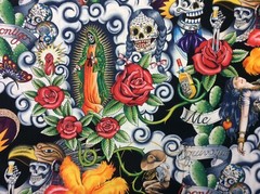 AH132 Contigo Day of the Dead Aztec Guadalupe Skull Mexico Cotton Quilt Fabric