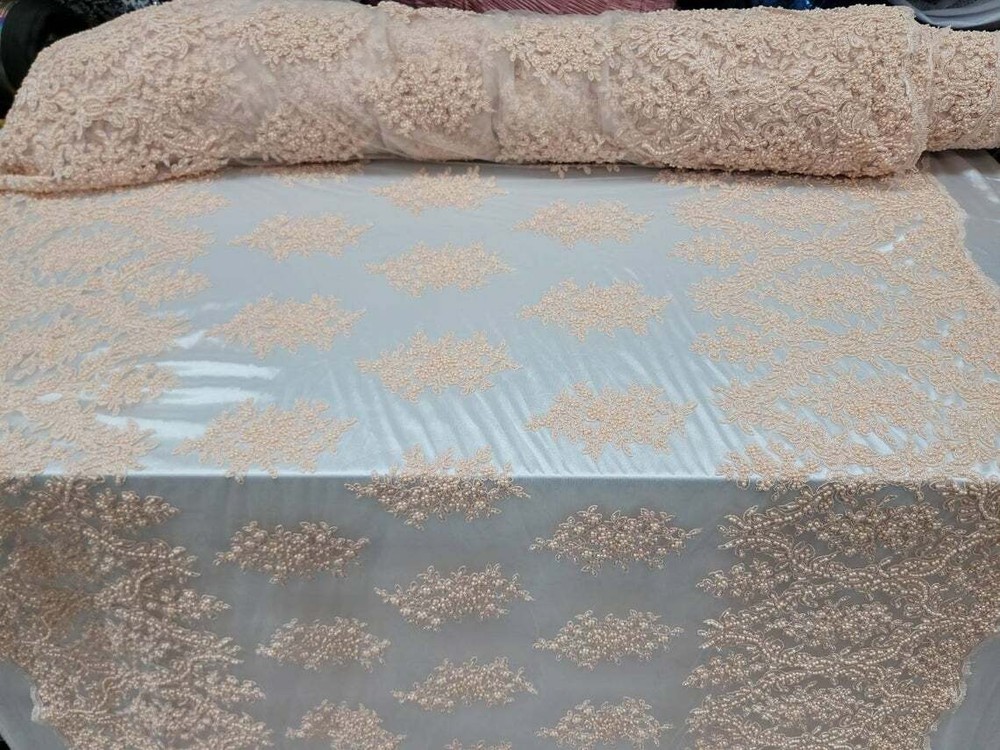 Fabric Sold By The Yard Blush Beaded Lace Floral Flowers Embroidery Scalloped