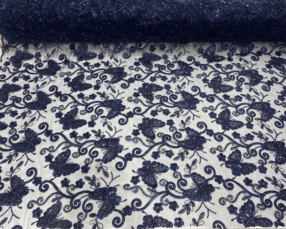 Navy Butterfly Sequin Lace Fabric – 3D Embroidered Floral Mesh Couture Beaded