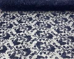 Navy Butterfly Sequin Lace Fabric – 3D Embroidered Floral Mesh Couture Beaded