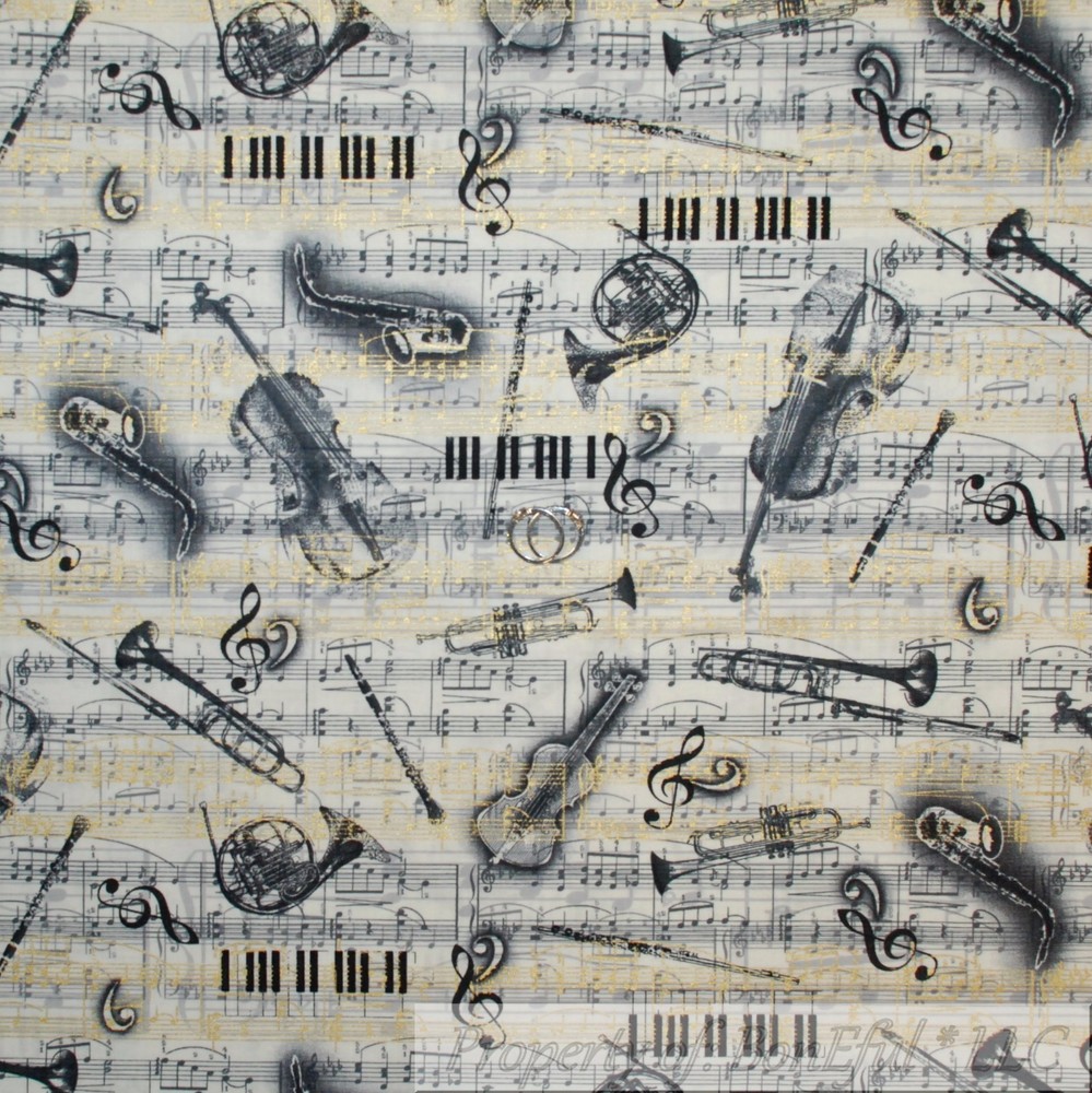 BonEful Fabric FQ Cotton Quilt B&W White Black Gold Metallic Trumpet Music Note