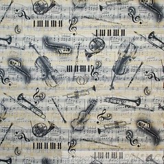 BonEful Fabric FQ Cotton Quilt B&W White Black Gold Metallic Trumpet Music Note