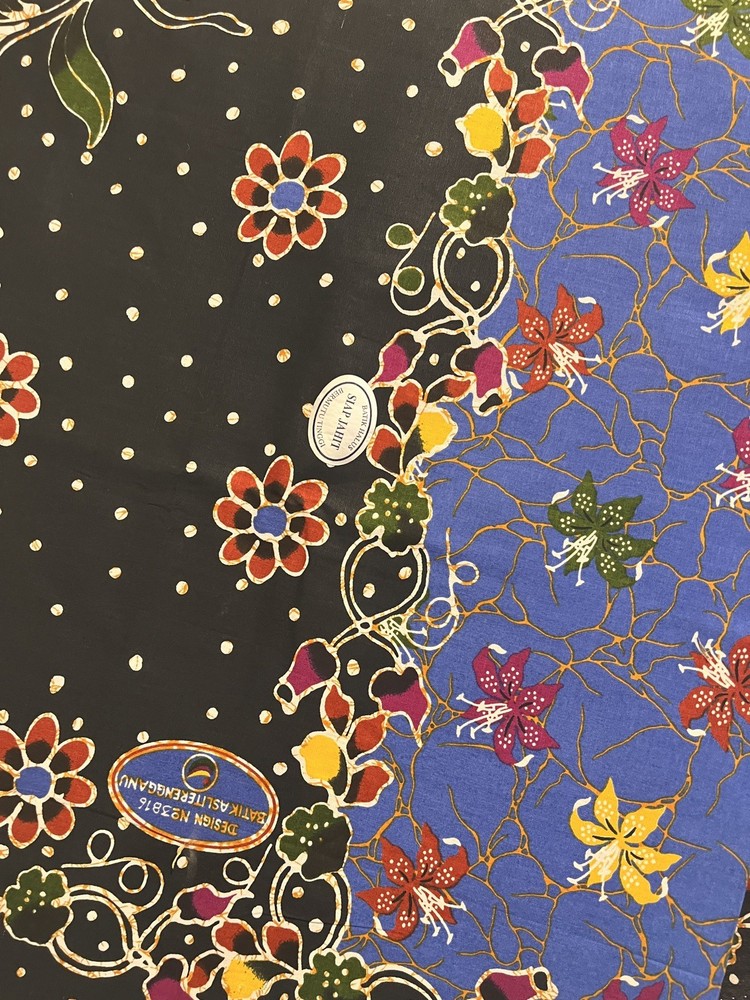 Malaysian Cotton Batik Blue Black Multicolored Floral Pattern