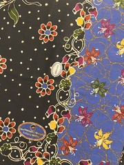 Malaysian Cotton Batik Blue Black Multicolored Floral Pattern