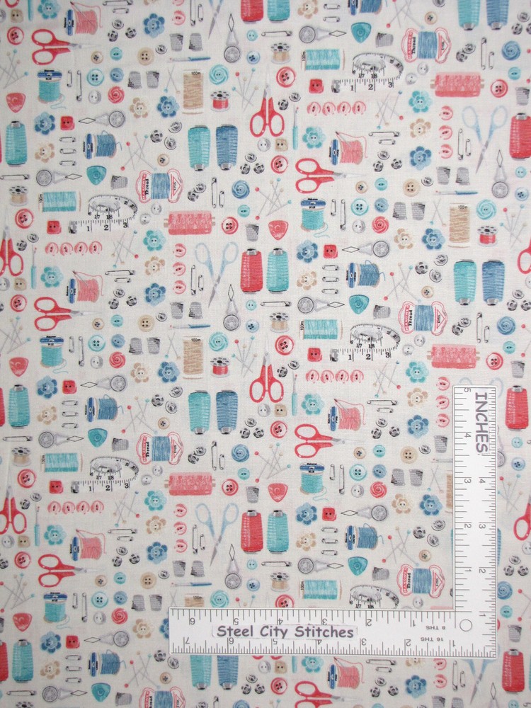 Sewing Notions Pins Buttons Cotton Fabric Makower Stitch In Time By The Yard