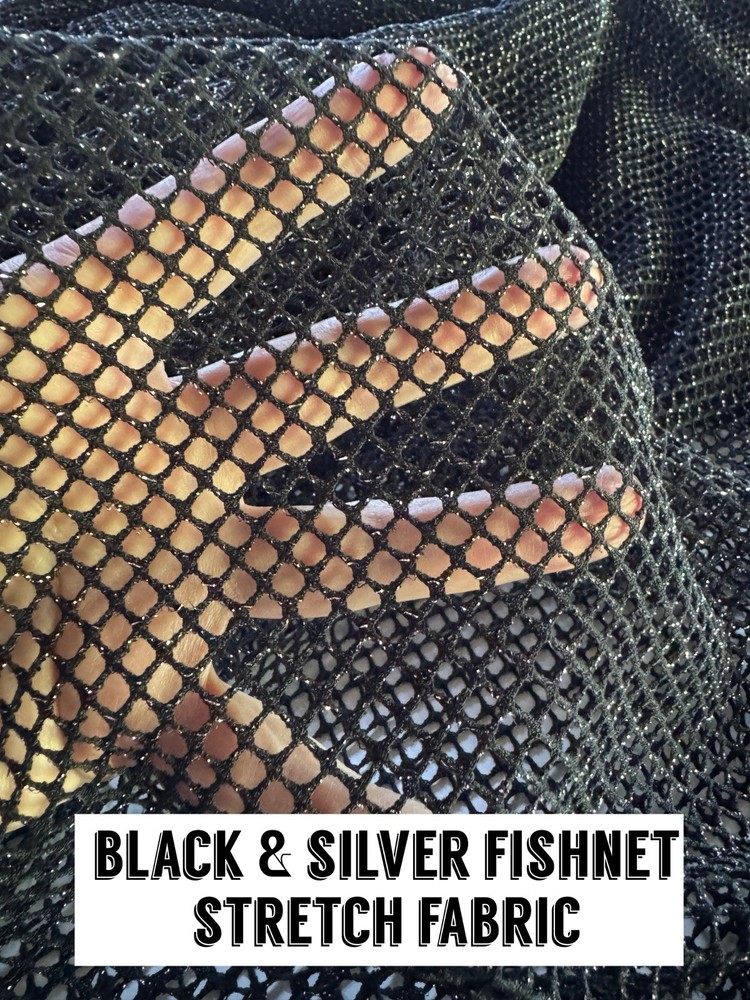 FISHNET STRETCH FABRIC BLACK & SILVER (Sold by-the-yard: 36” x 63” wide)