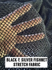 FISHNET STRETCH FABRIC BLACK & SILVER (Sold by-the-yard: 36” x 63” wide)