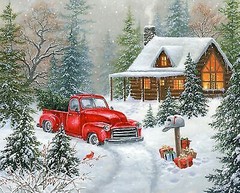35″ Fabric Panel – David Textiles Digital Red Pickup Truck Christmas Tree Cabin