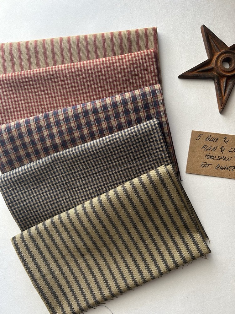 5 BLUE RED Plaid and Stripe Homespun Fat Quarters 100% Cotton