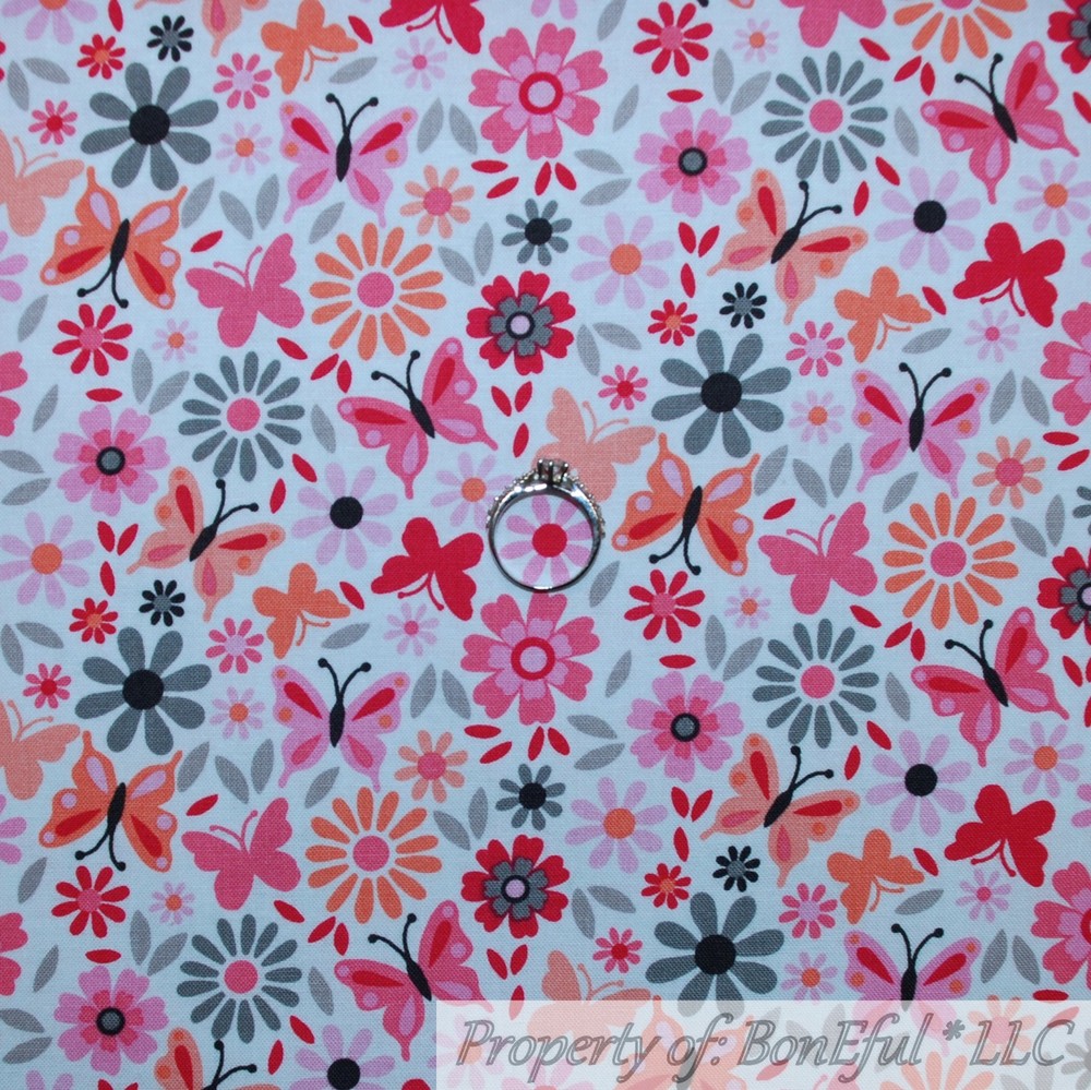 BonEful FABRIC FQ Cotton Quilt White Pink Gray Orange Flower Butterfly Bird Girl