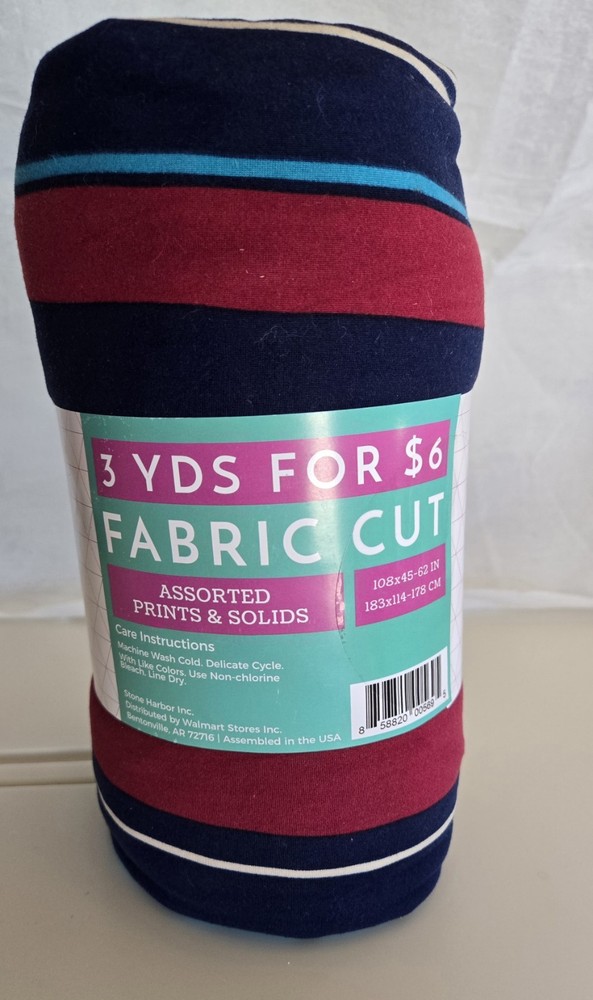 3 yards Stone Harbor “Jersey” Feel fabric Blue/Burgundy/Aqua Striped 108″x45″