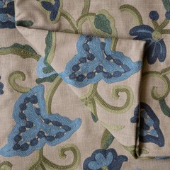 Blue Floral Crewel Embroidery Cotton Linen Fabric by Yard