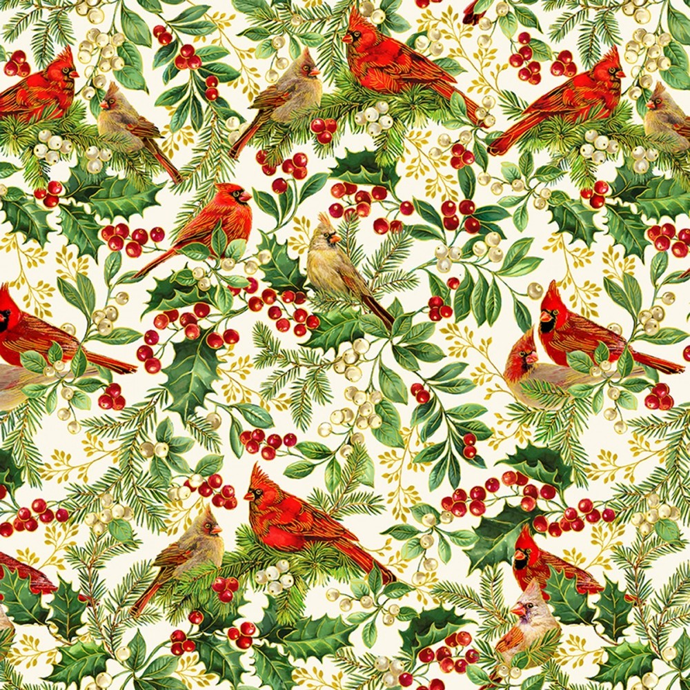 BTHY Christmas Poinsettia Cardinal Metallic Cream Cotton Fabric By Half Yard