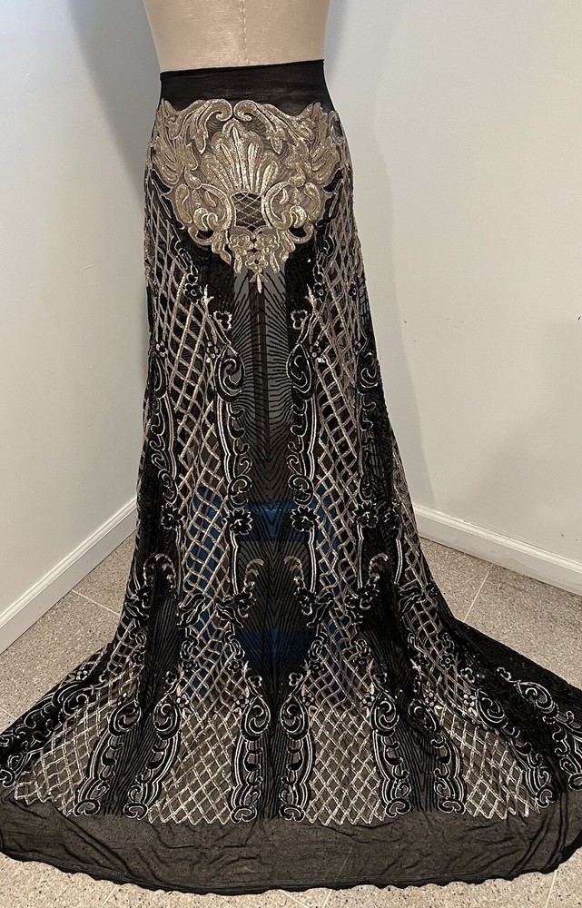Black Gold Embroidery 4way stretch sequin Lace fabric 50” Width 1 Yard