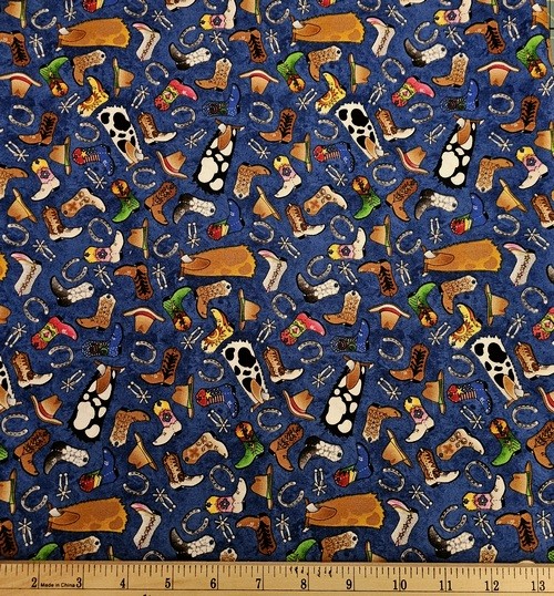 AVLYN Fabric – COWPOKES – Boots~Spurs~Horseshoes on Blue – HALF yard (18″)