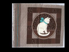 Cranston Cotton Fabric Pillow Panel White Cat w/ Teal Bow Brown Patchwork 17″