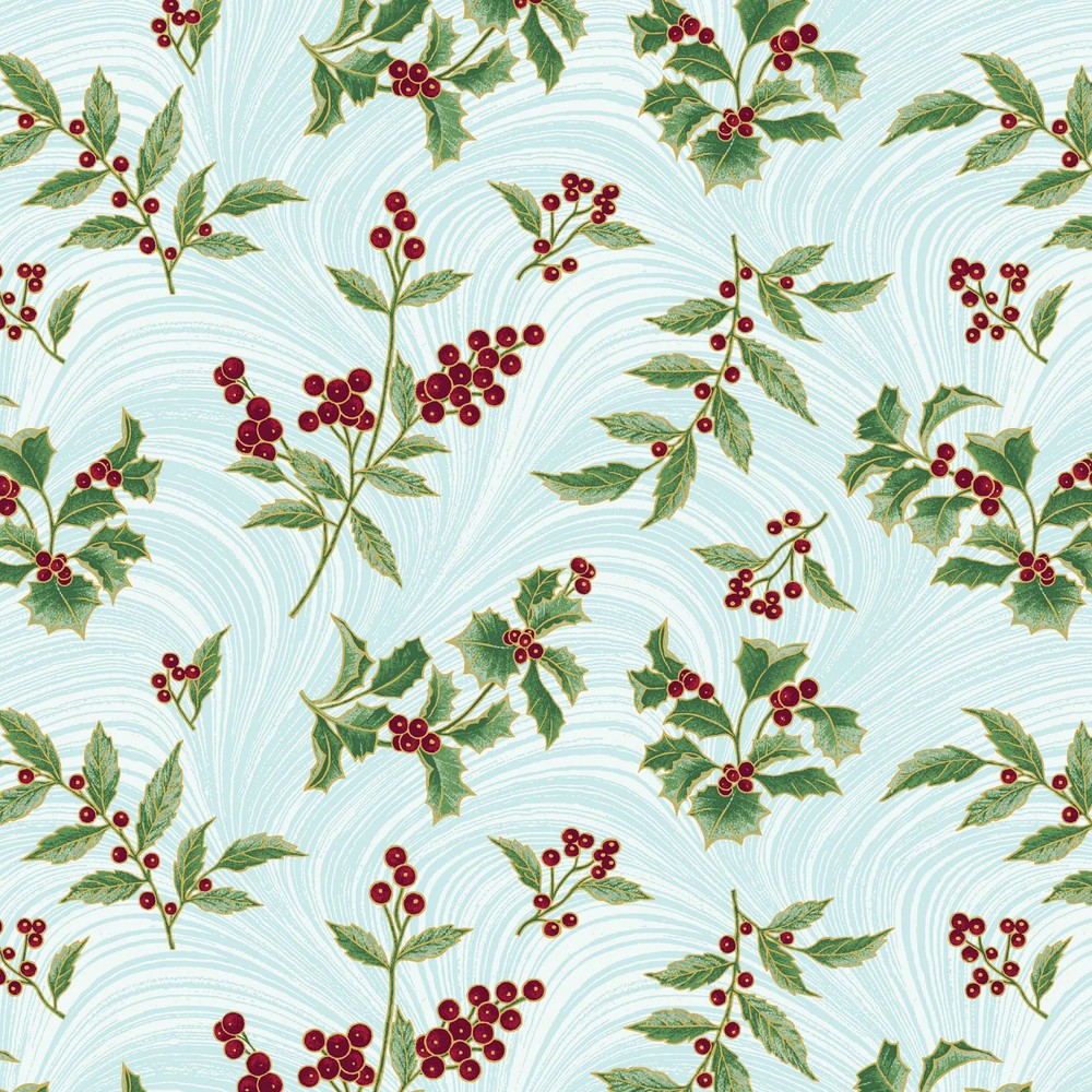 BENARTEX – A Winter’s Day by Jackie Robinson – Metallic – Holly & Waves – Aqua