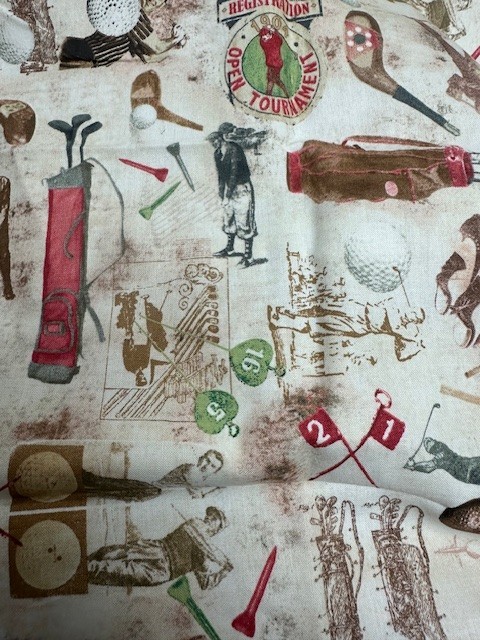 Golf Fabric 36×15 Vintage Sports Print Clubs Balls Quilting Craft Cotton