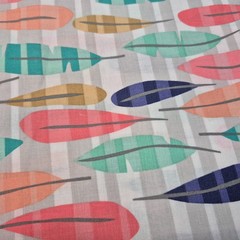 Muted Pastel Large Feathers on Striped Grey Background Cotton Fabric 3 Yards