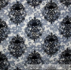 BonEful Fabric FQ Cotton Quilt White Black B&W Gray Skull Skeleton Damask Flower