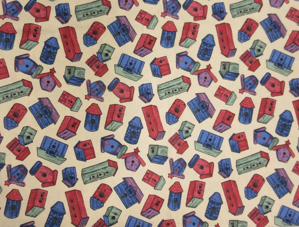 4+ Yds x 43 In Fabric Quilting Cotton Birdhouses Beige Red Blue Green (168)