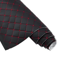 Quilted Foam Faux Leather Fabric 2.1 Yards, 61″ Diamonds Pattern, Red Stitch for
