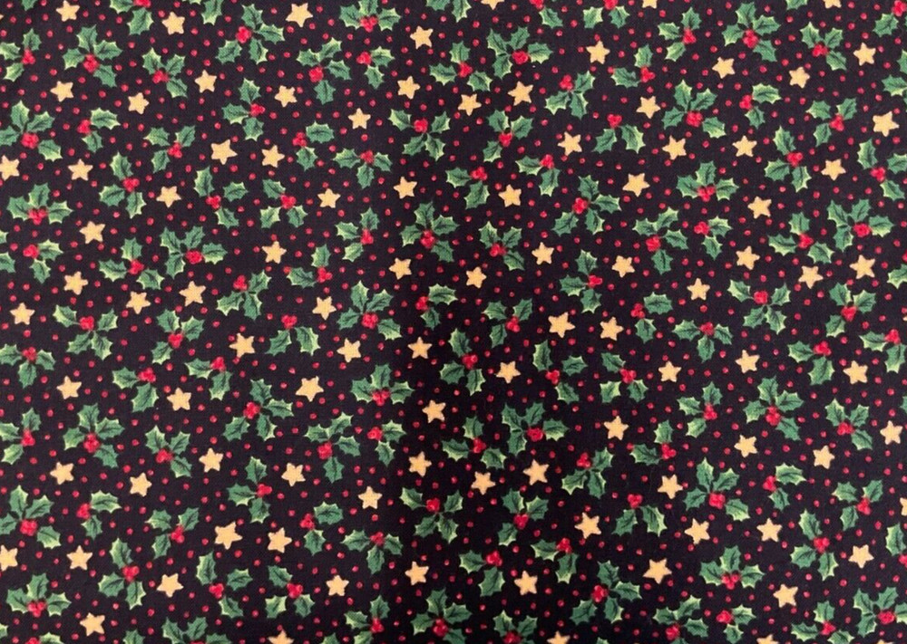 HOBBY LOBBY – HOLLY & STARS WITH RED PIN DOTS ON BLACK COTTON– 1 7/8 YARDS