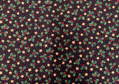 HOBBY LOBBY – HOLLY & STARS WITH RED PIN DOTS ON BLACK COTTON– BY THE YARD