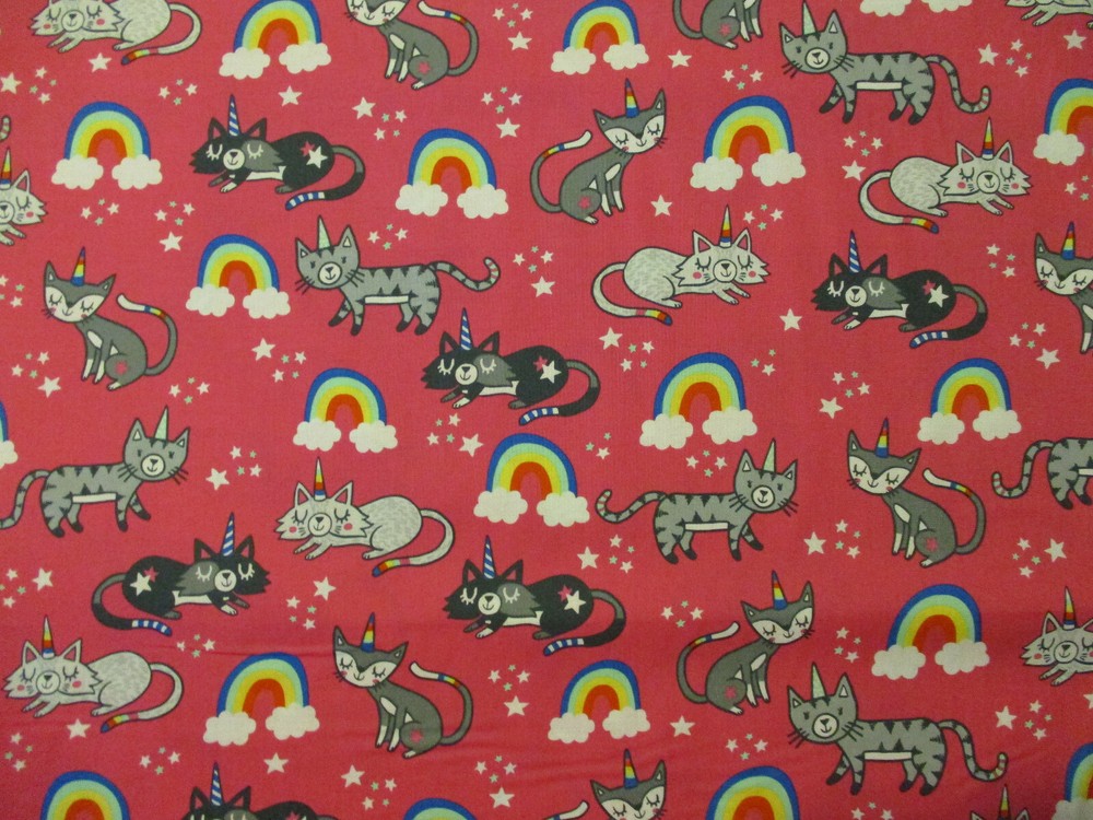 CATS UNICORNS CAT RAINBOW UNICORN BRIGHT COLORS PINK COTTON FABRIC BTHY