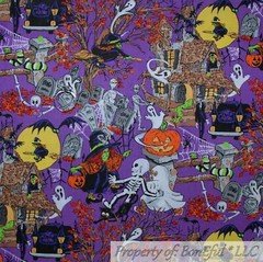 BonEful Fabric FQ Cotton Quilt Purple B&W Halloween Scenic House Moon Witch Mask