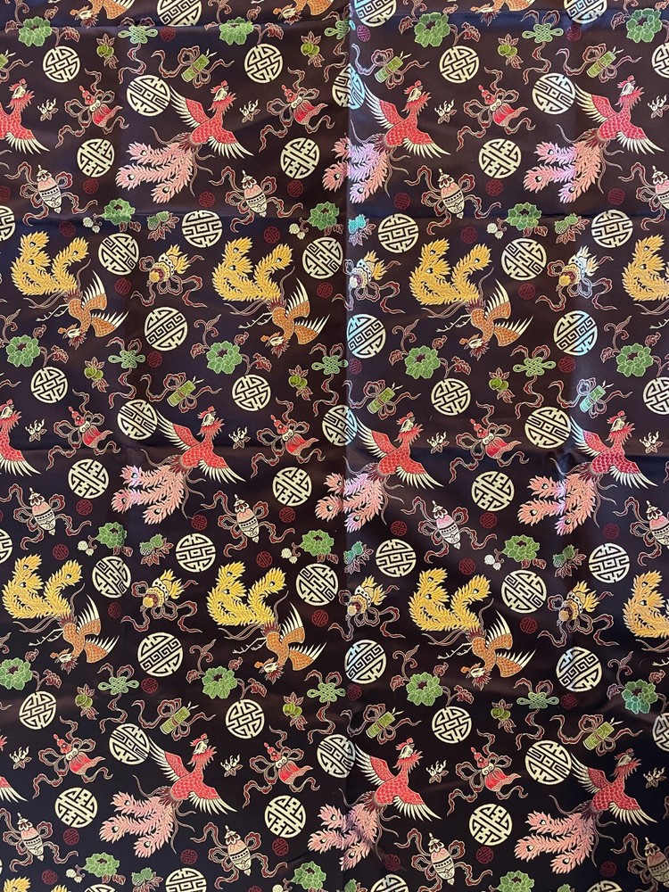 100% Silk Thai Tapestry Satin fr Thailand Asian Motif Brown Red 1.75 yards