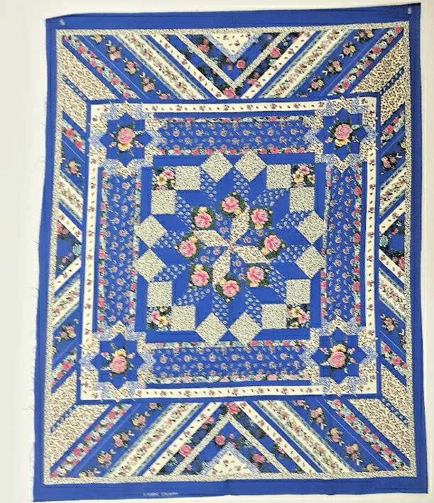 Vintage Fabric Panel 35×45 Cheater Quilt Star Rose Floral Blue Cottage Country