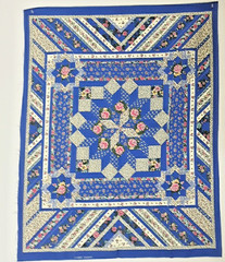 Vintage Fabric Panel 35×45 Cheater Quilt Star Rose Floral Blue Cottage Country