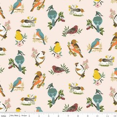 Winged Medley Birds Latte Cotton Fabric