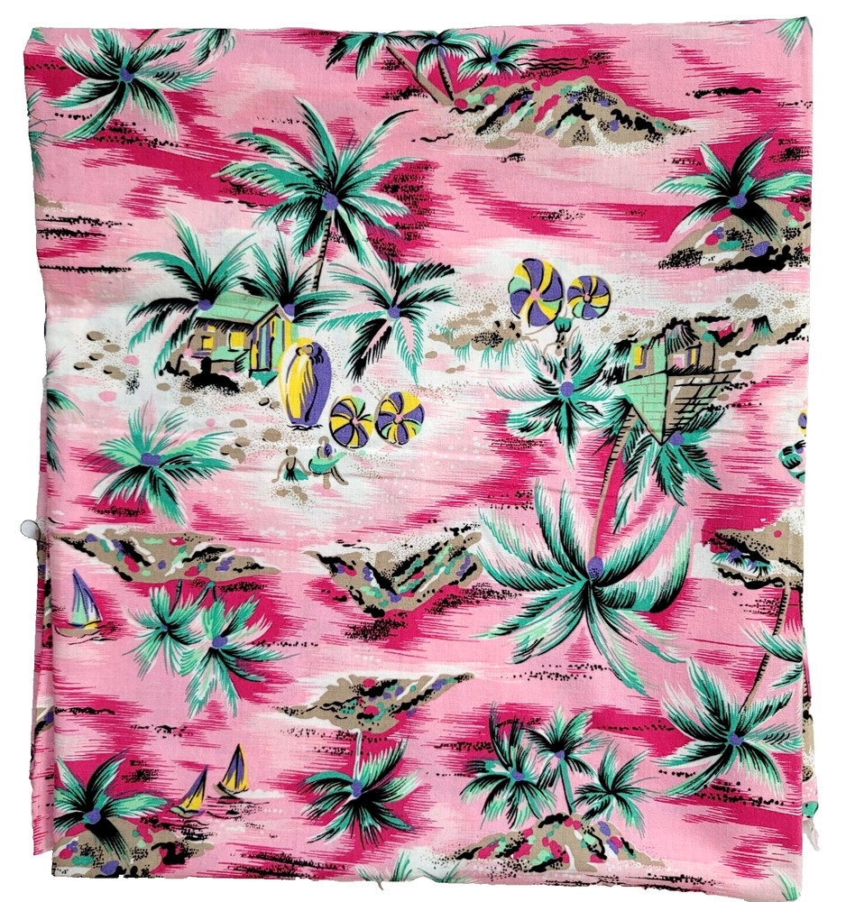 Pink Tropical Island Beach Fabric Palm Tree Hawaii Cabana Sailboat Green 57×64