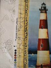 Lighthouse Fabric Panel 23×13 Blue Red & White Nautical Ocean Sea Tall Ships