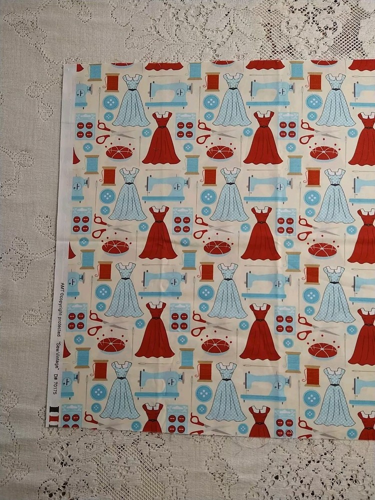 AMT Sew Vintage Cotton Fabric Dresses Sewing Machine Buttons Scissors 18″x44