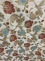 BEIGE GOLD RED BLUE FLORAL CHENILLE UPHOLSTERY BROCADE FABRIC (56 in.) Sold BTY