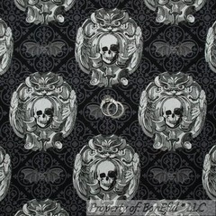 BonEful Fabric FQ Cotton Quilt Halloween Bat Skull Black Gray B&W Damask Flower