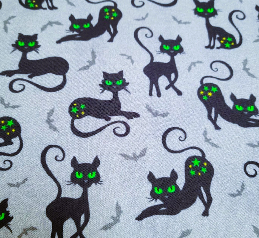 Halloween Black Cat Fabric 71″ x 43″-Trick or Treat-Michael Miller Cats on Gray