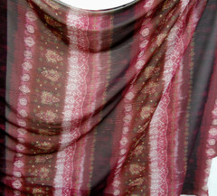 Hi-Multi Chiffon geometric floral print with shiny burgundy lurex lines 58″
