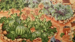 Fabric Red Rooster “Japanese Garden” Dark Country Colors Brown Green Prpl $2.75