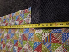 57 X 45 VTG 1970`s Faux Feed Sack Prints Pinwheel Squares Cheater Quilt